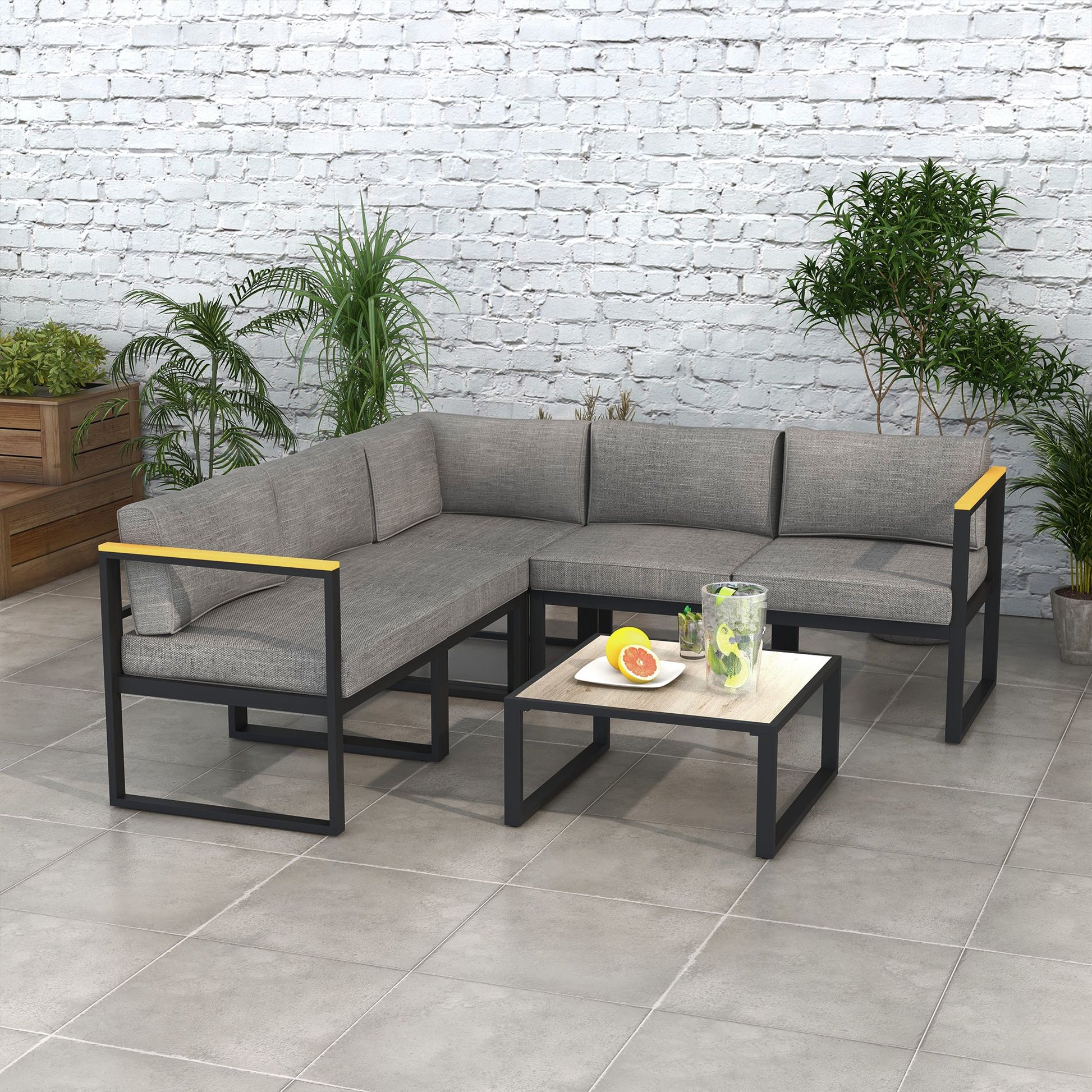 Garden Lounge with Sofa and Coffee Table, 6-Piece Set in Aluminum with Padded Cushions, Coffee Table with Wood Effect Top, Gray