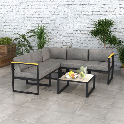 Garden Lounge with Sofa and Coffee Table, 6-Piece Set in Aluminum with Padded Cushions, Coffee Table with Wood Effect Top, Gray