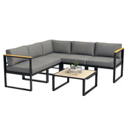 Garden Lounge with Sofa and Coffee Table, 6-Piece Set in Aluminum with Padded Cushions, Coffee Table with Wood Effect Top, Gray