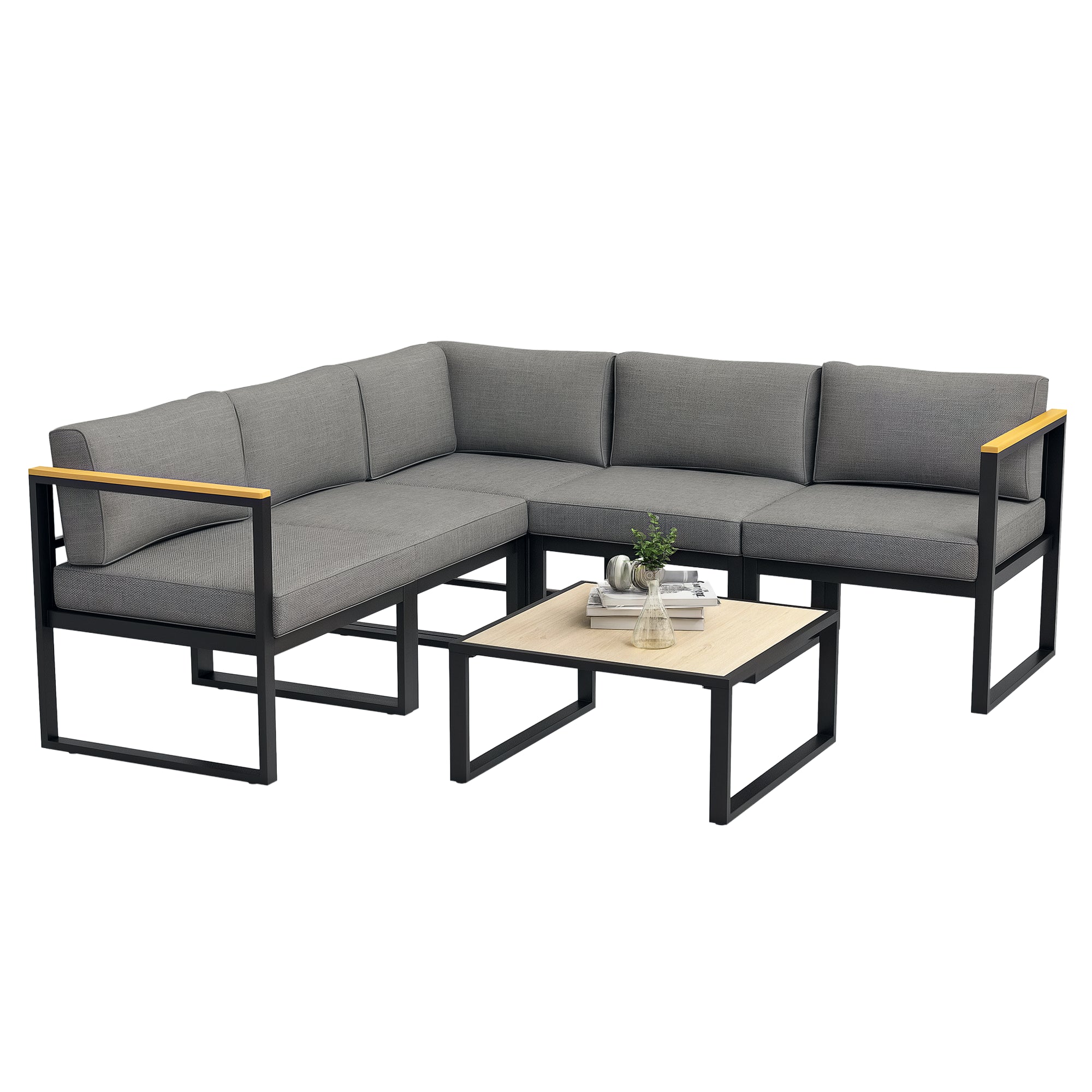 Garden Lounge with Sofa and Coffee Table, 6-Piece Set in Aluminum with Padded Cushions, Coffee Table with Wood Effect Top, Gray