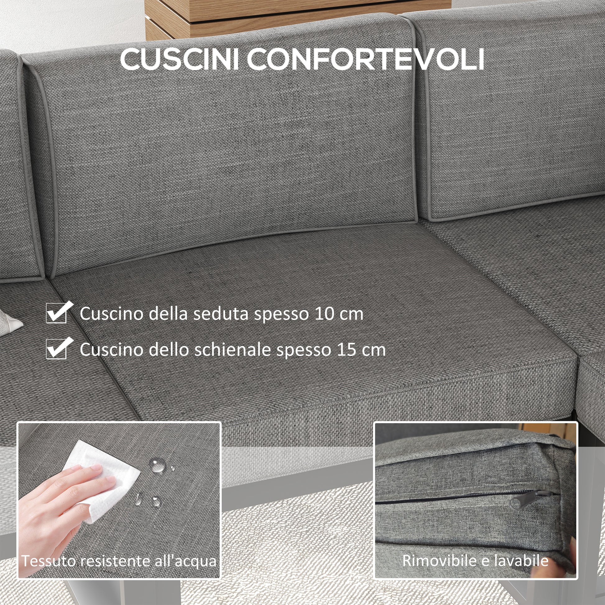 Garden Lounge with Sofa and Coffee Table, 6-Piece Set in Aluminum with Padded Cushions, Coffee Table with Wood Effect Top, Gray
