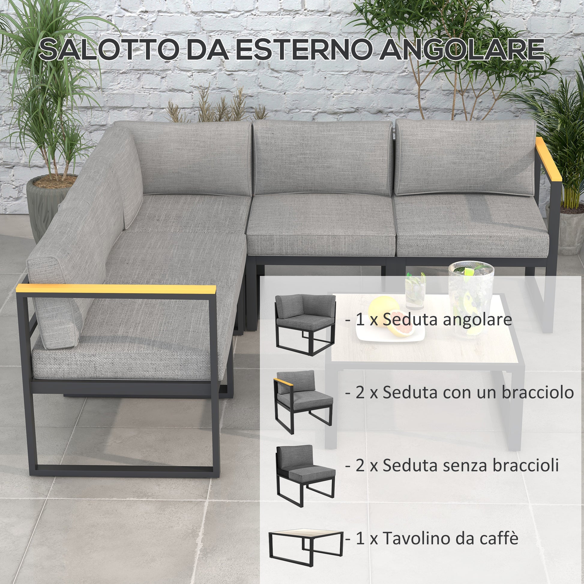 Garden Lounge with Sofa and Coffee Table, 6-Piece Set in Aluminum with Padded Cushions, Coffee Table with Wood Effect Top, Gray