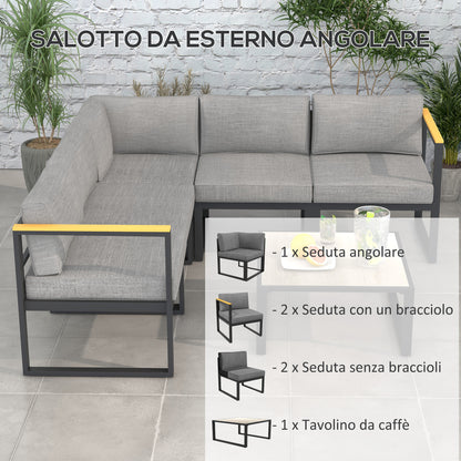 Garden Lounge with Sofa and Coffee Table, 6-Piece Set in Aluminum with Padded Cushions, Coffee Table with Wood Effect Top, Gray