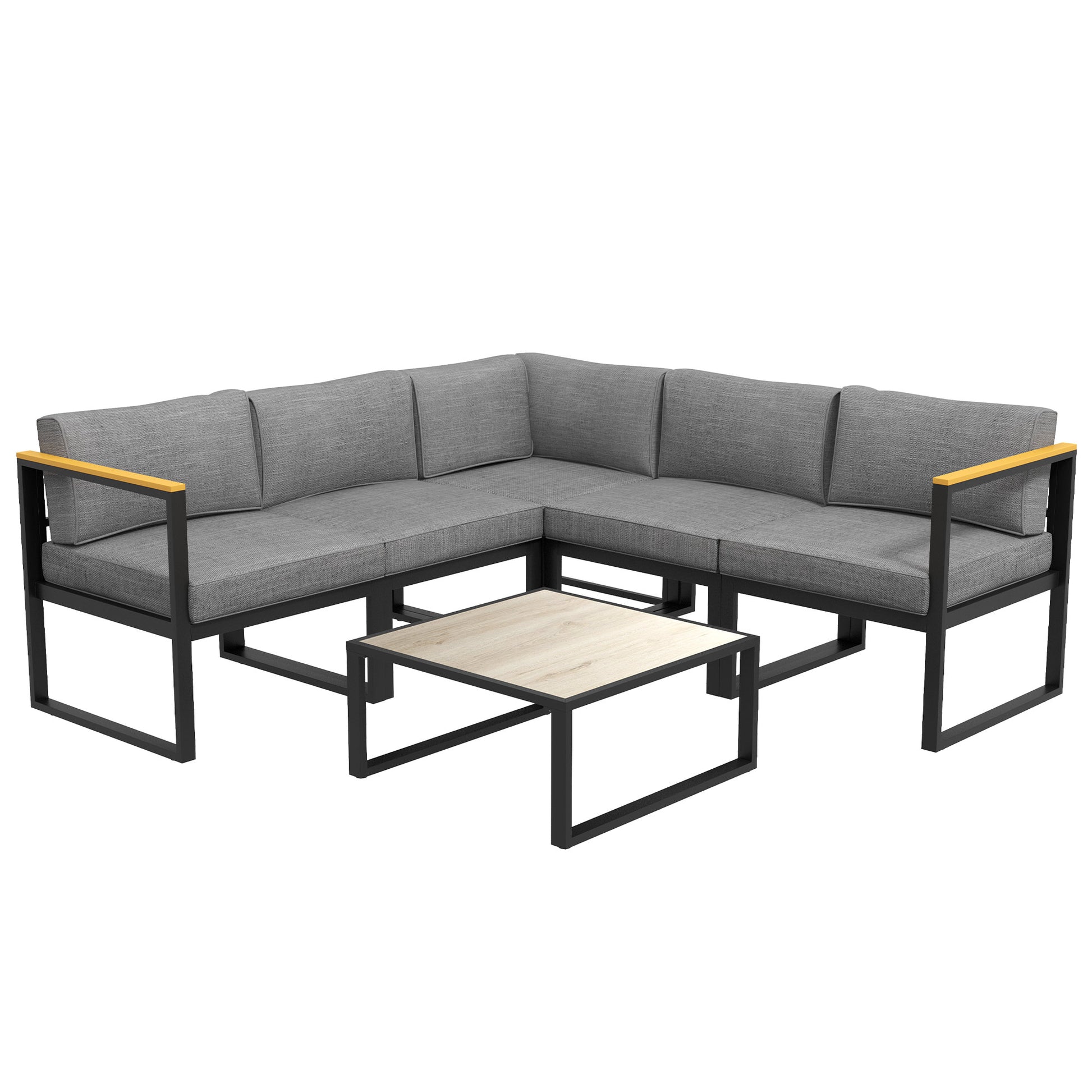 Garden Lounge with Sofa and Coffee Table, 6-Piece Set in Aluminum with Padded Cushions, Coffee Table with Wood Effect Top, Gray