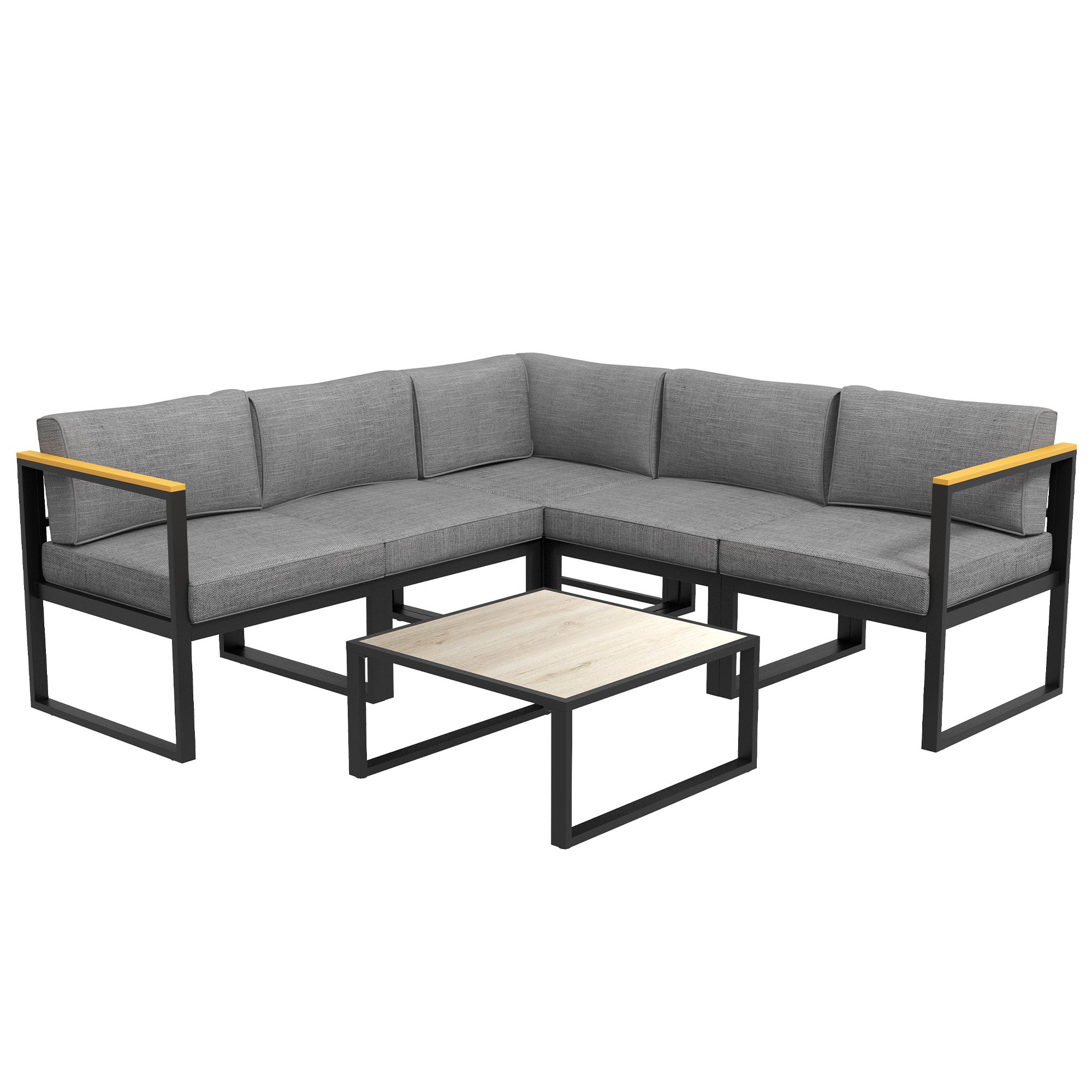 Garden Lounge with Sofa and Coffee Table, 6-Piece Set in Aluminum with Padded Cushions, Coffee Table with Wood Effect Top, Gray