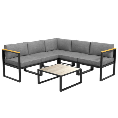 Garden Lounge with Sofa and Coffee Table, 6-Piece Set in Aluminum with Padded Cushions, Coffee Table with Wood Effect Top, Gray