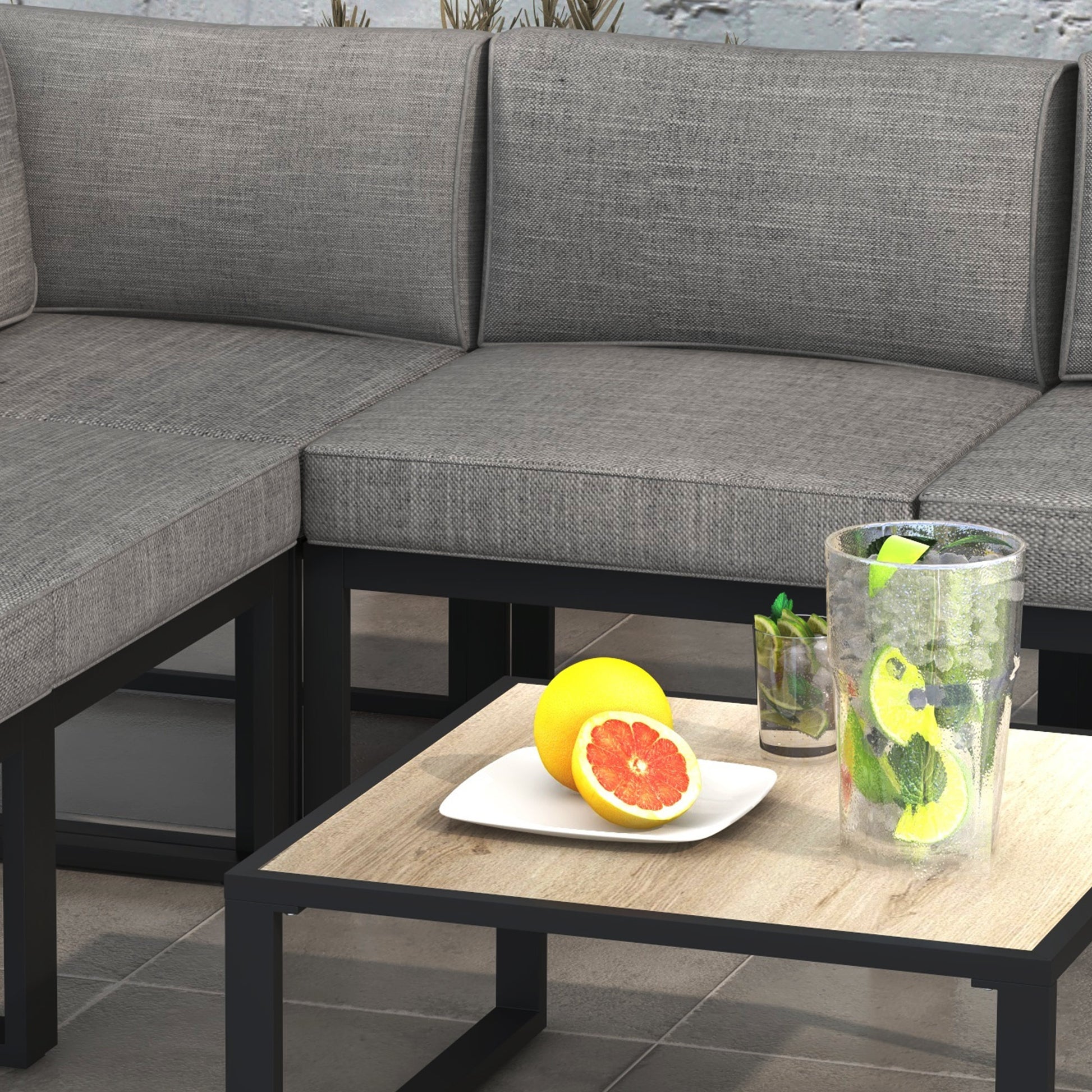 Garden Lounge with Sofa and Coffee Table, 6-Piece Set in Aluminum with Padded Cushions, Coffee Table with Wood Effect Top, Gray