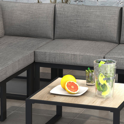 Garden Lounge with Sofa and Coffee Table, 6-Piece Set in Aluminum with Padded Cushions, Coffee Table with Wood Effect Top, Gray