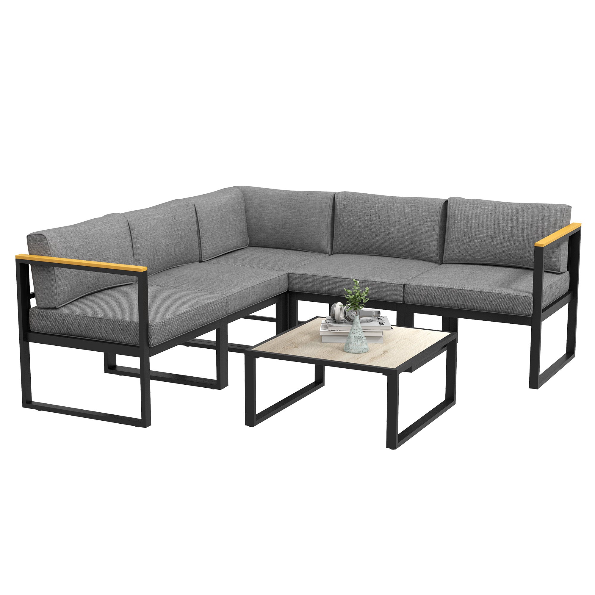 Garden Lounge with Sofa and Coffee Table, 6-Piece Set in Aluminum with Padded Cushions, Coffee Table with Wood Effect Top, Gray