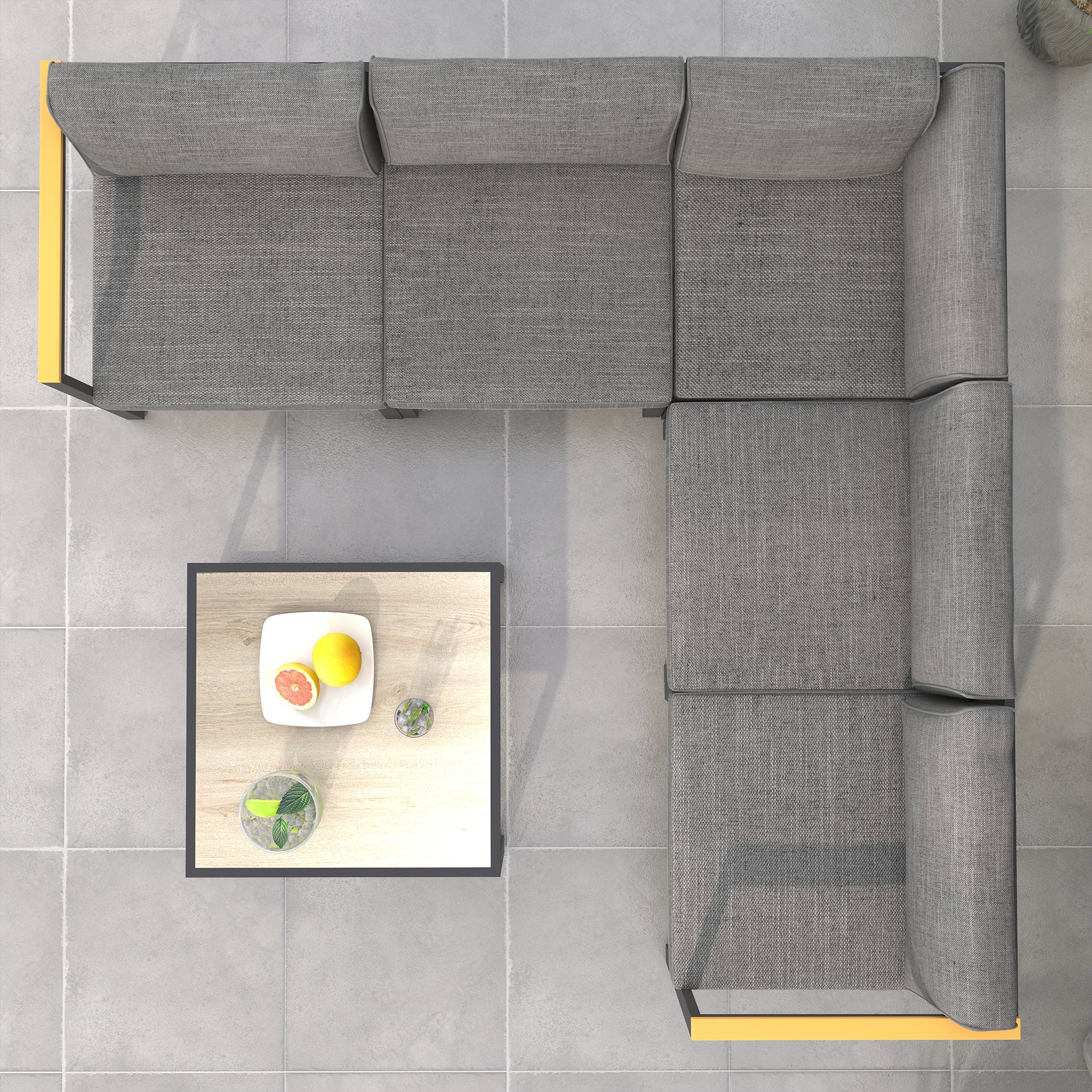 Garden Lounge with Sofa and Coffee Table, 6-Piece Set in Aluminum with Padded Cushions, Coffee Table with Wood Effect Top, Gray