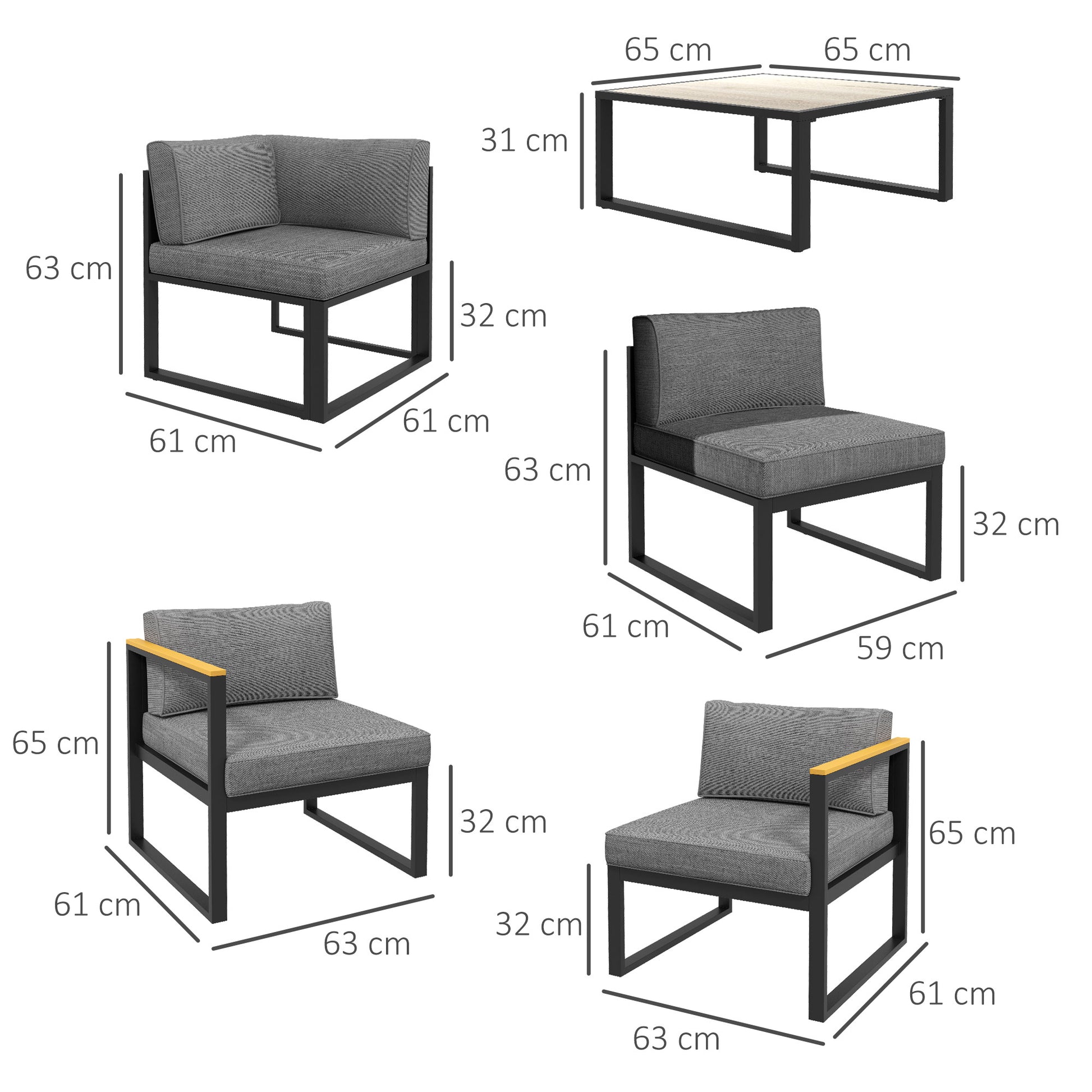 Garden Lounge with Sofa and Coffee Table, 6-Piece Set in Aluminum with Padded Cushions, Coffee Table with Wood Effect Top, Gray