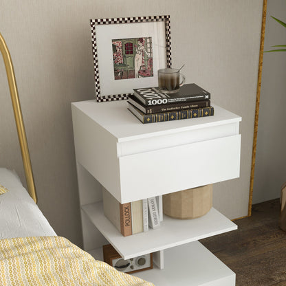 Bedside Table Side Table with Drawer and 2 Open Shelves for Bedroom Living Room Bed Office Modern Style 39x39x65 cm White