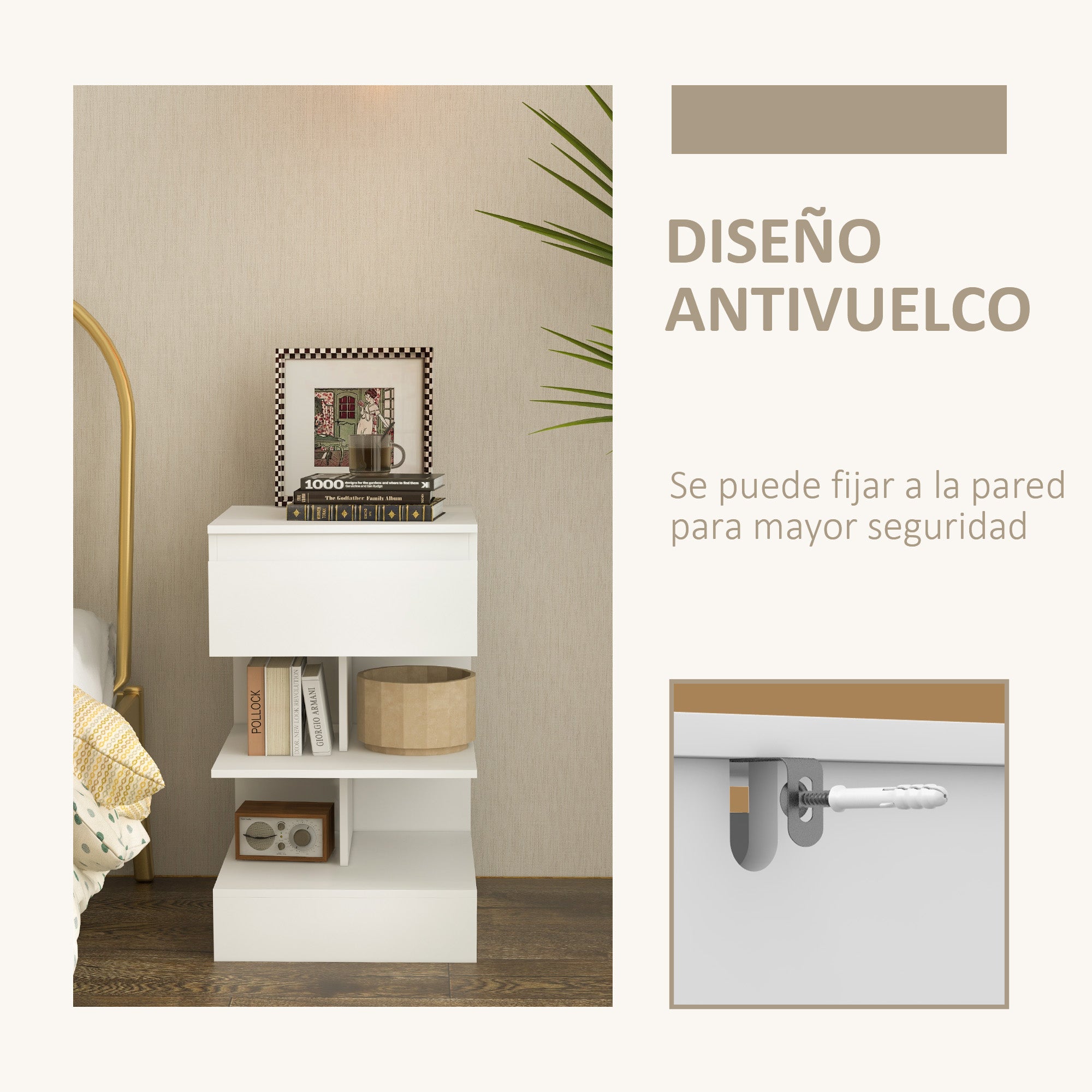 Bedside Table Side Table with Drawer and 2 Open Shelves for Bedroom Living Room Bed Office Modern Style 39x39x65 cm White