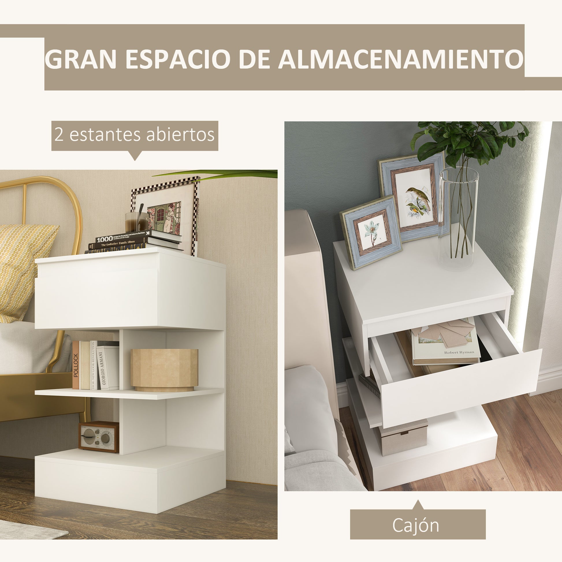 Bedside Table Side Table with Drawer and 2 Open Shelves for Bedroom Living Room Bed Office Modern Style 39x39x65 cm White
