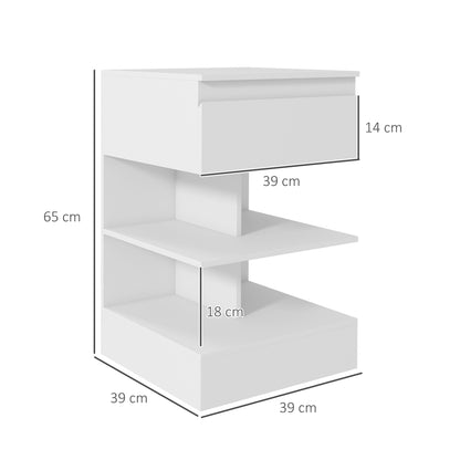 Bedside Table Side Table with Drawer and 2 Open Shelves for Bedroom Living Room Bed Office Modern Style 39x39x65 cm White