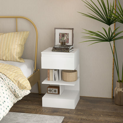Bedside Table Side Table with Drawer and 2 Open Shelves for Bedroom Living Room Bed Office Modern Style 39x39x65 cm White