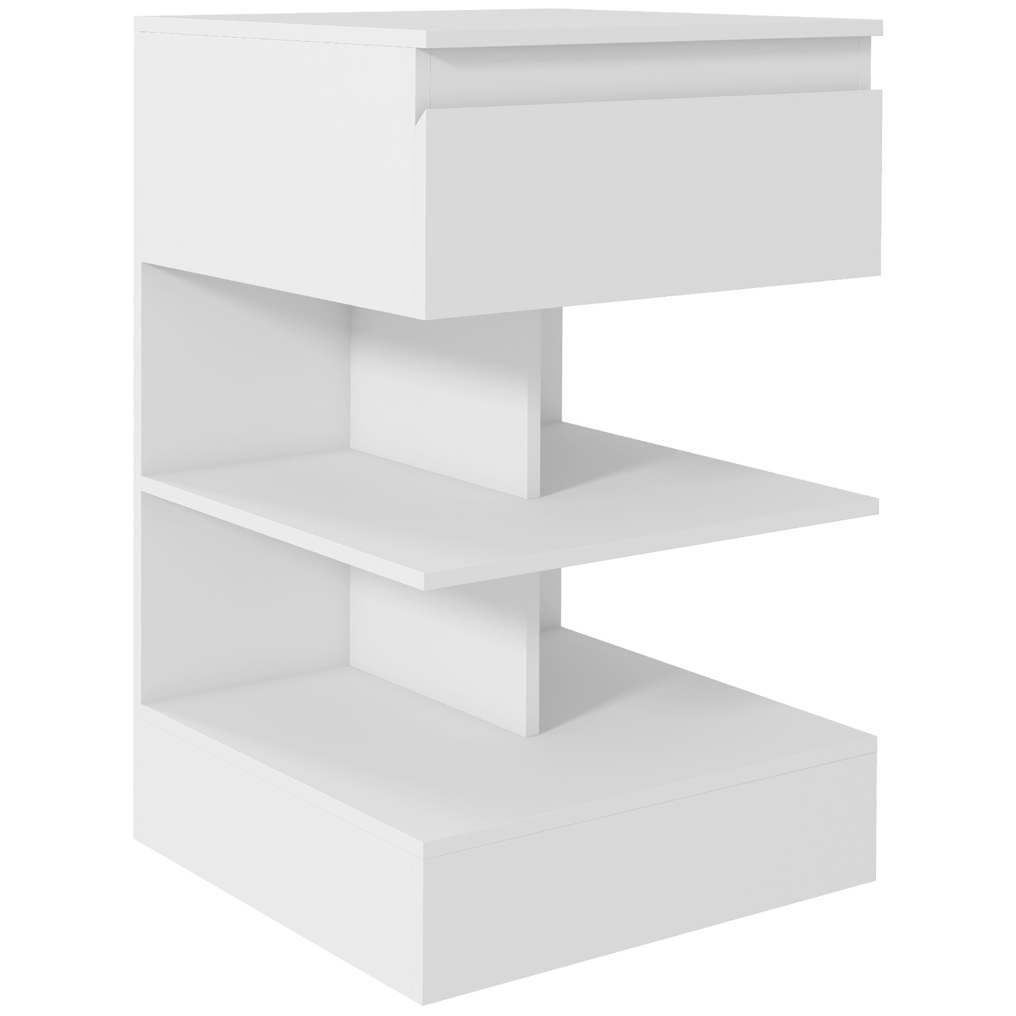 Bedside Table Side Table with Drawer and 2 Open Shelves for Bedroom Living Room Bed Office Modern Style 39x39x65 cm White