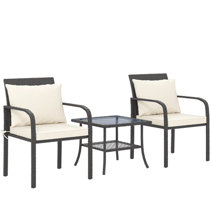 3-Piece Outdoor Garden Set Furniture with 2 Chairs with Removable Washable Cushions and Glass Table with Tempered Glass Shelf for Balcony Patio Brown and Cream