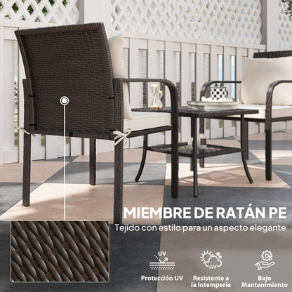 3-Piece Outdoor Garden Set Furniture with 2 Chairs with Removable Washable Cushions and Glass Table with Tempered Glass Shelf for Balcony Patio Brown and Cream