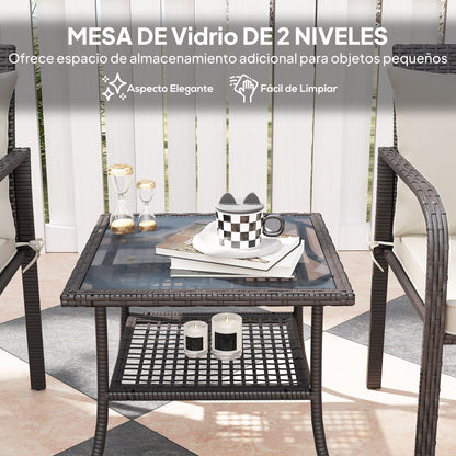 3-Piece Outdoor Garden Set Furniture with 2 Chairs with Removable Washable Cushions and Glass Table with Tempered Glass Shelf for Balcony Patio Brown and Cream