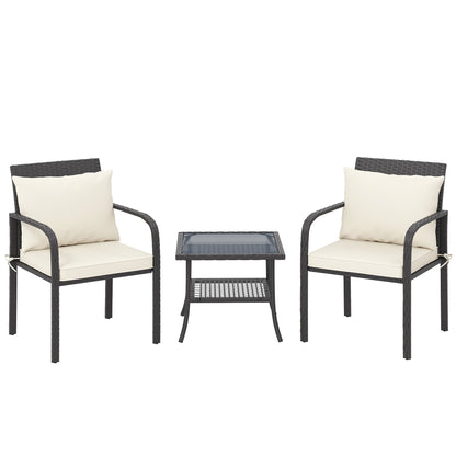 3-Piece Outdoor Garden Set Furniture with 2 Chairs with Removable Washable Cushions and Glass Table with Tempered Glass Shelf for Balcony Patio Brown and Cream