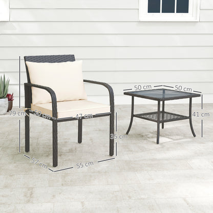 3-Piece Outdoor Garden Set Furniture with 2 Chairs with Removable Washable Cushions and Glass Table with Tempered Glass Shelf for Balcony Patio Brown and Cream