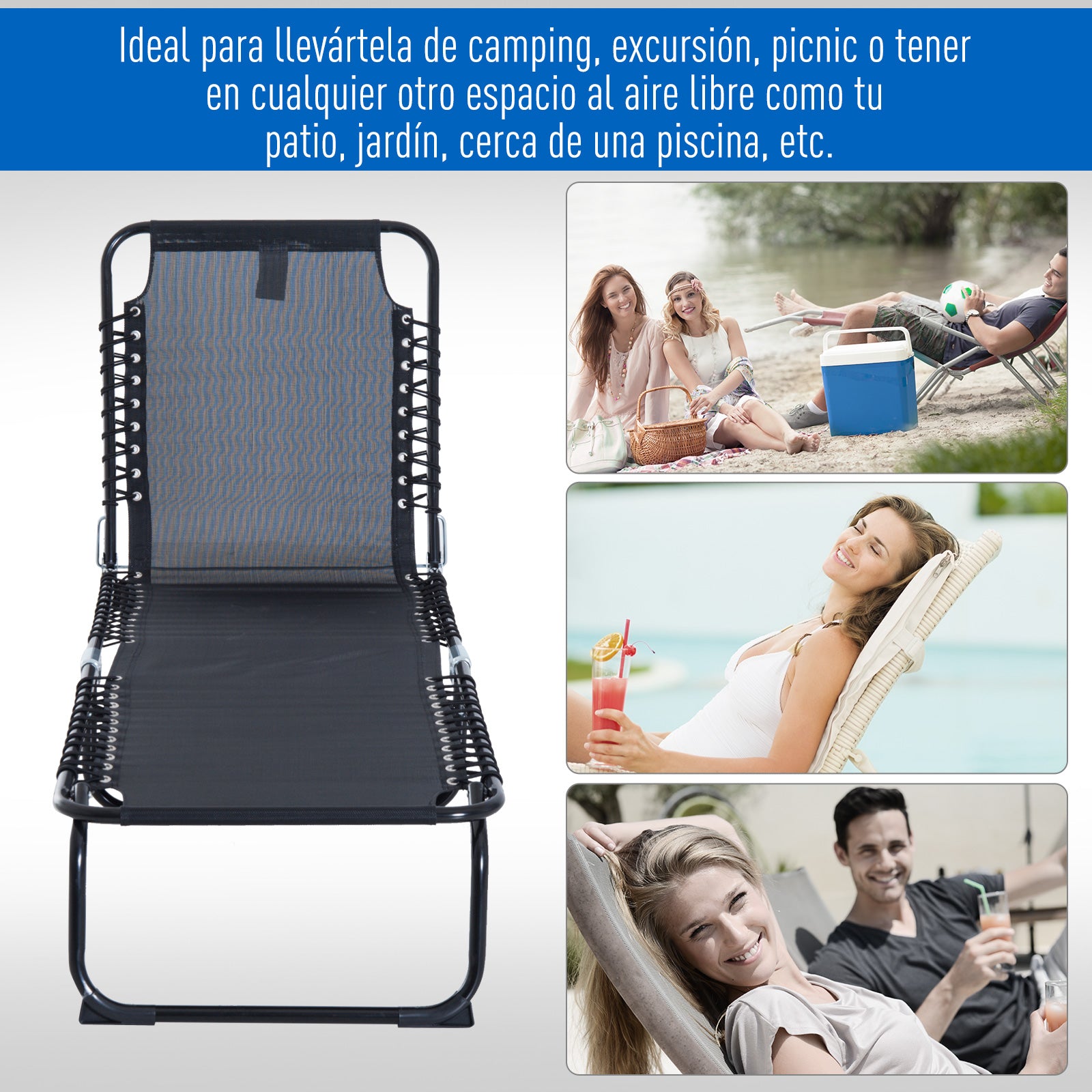 Foldable and Adjustable Lounger with 4 Positions Reclining Garden Chair with Cord System for Outdoor Steel Frame 189x58x30 cm Black