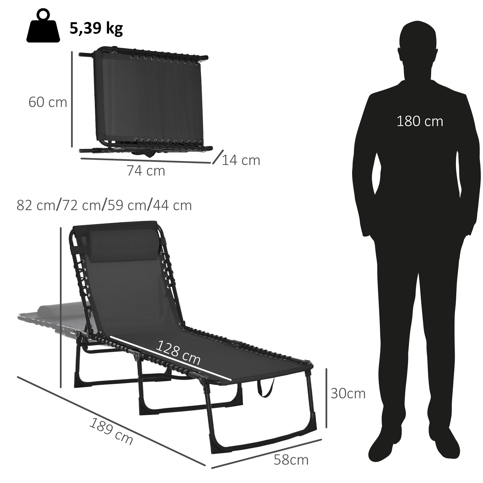 Foldable and Adjustable Lounger with 4 Positions Reclining Garden Chair with Cord System for Outdoor Steel Frame 189x58x30 cm Black