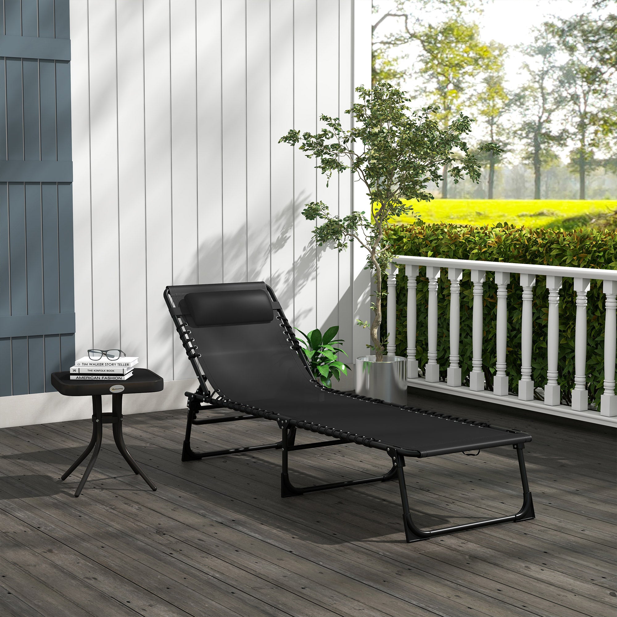 Foldable and Adjustable Lounger with 4 Positions Reclining Garden Chair with Cord System for Outdoor Steel Frame 189x58x30 cm Black