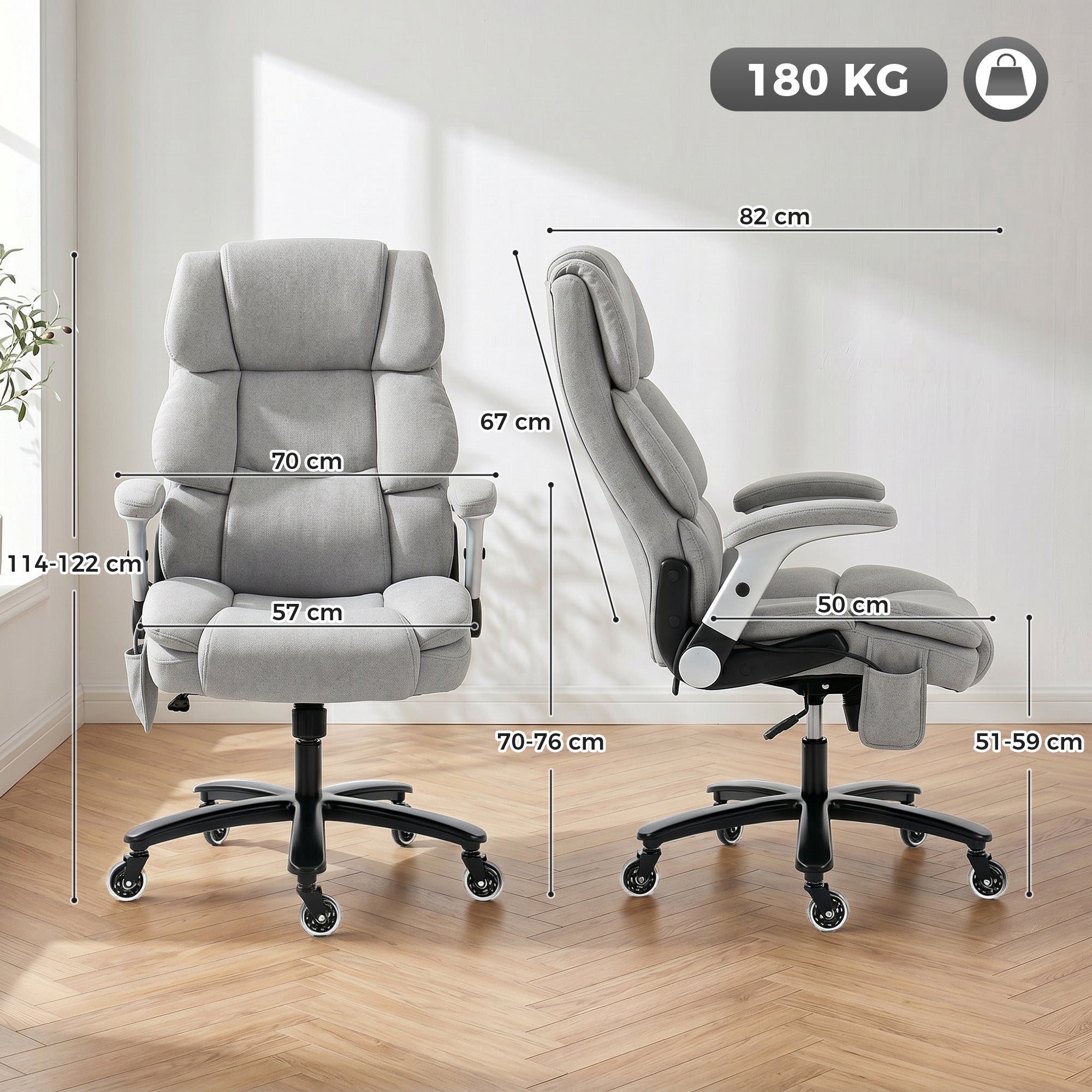 Office Chair — 397 lb Capacity, Inflatable Lumbar Support, Extra-Wide Executive Seat, Flip-Up Arms, Pocket Springs, Class-4 Gas Lift, Light Gray