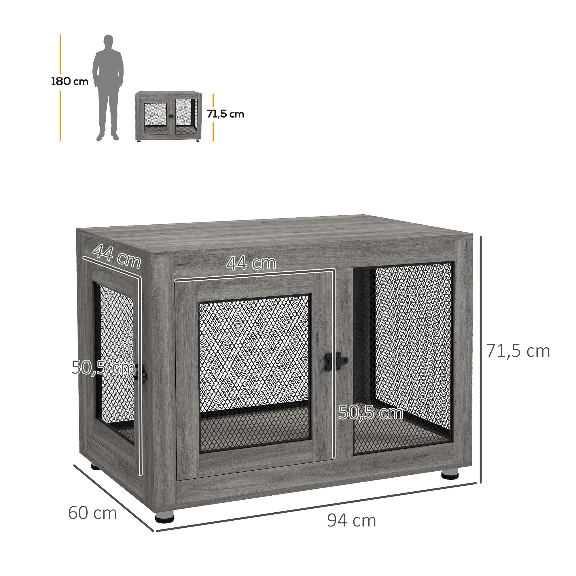 Home Dog Cage, Dog Crate with 2 Doors, Washable Cushion, Dog House with Adjustable Feet, Latches, for Large Dogs up to 30 kg, Gray, 94 x 60 x 71.5 cm