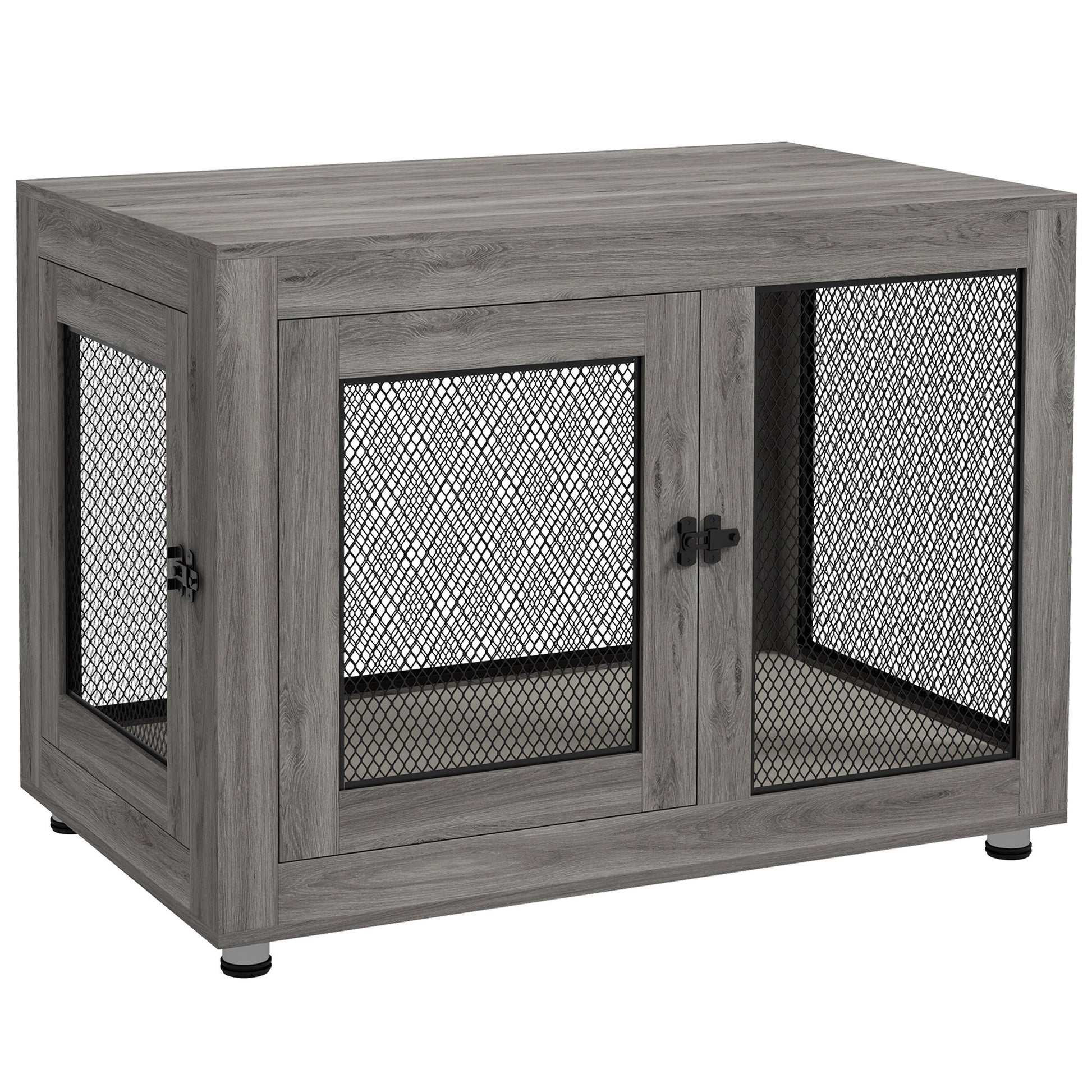 Home Dog Cage, Dog Crate with 2 Doors, Washable Cushion, Dog House with Adjustable Feet, Latches, for Large Dogs up to 30 kg, Gray, 94 x 60 x 71.5 cm