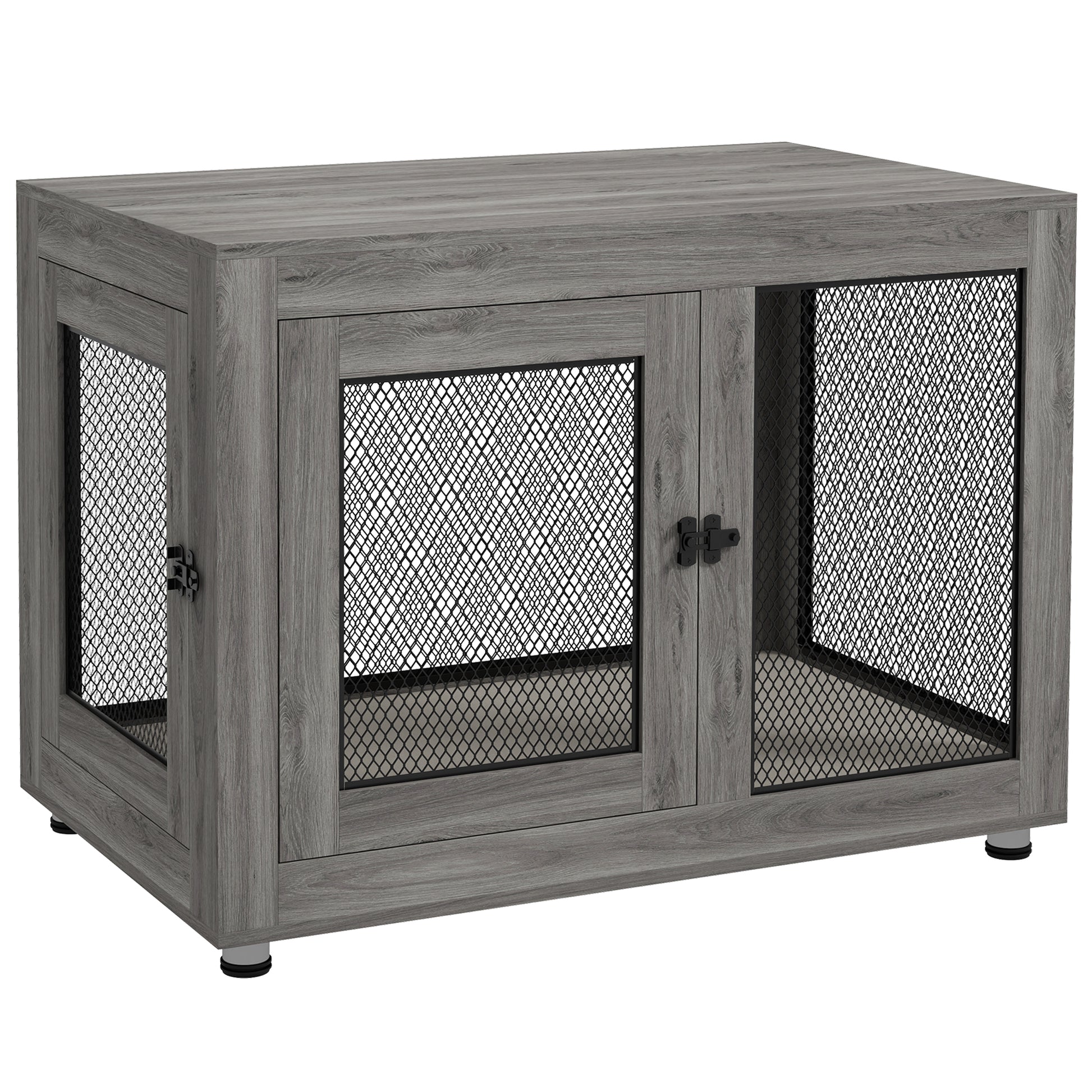 Home Dog Cage, Dog Crate with 2 Doors, Washable Cushion, Dog House with Adjustable Feet, Latches, for Large Dogs up to 30 kg, Gray, 94 x 60 x 71.5 cm