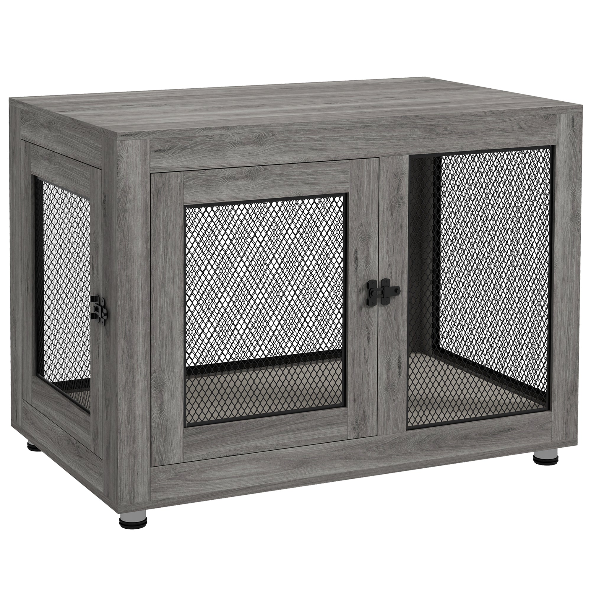 Home Dog Cage, Dog Crate with 2 Doors, Washable Cushion, Dog House with Adjustable Feet, Latches, for Large Dogs up to 30 kg, Gray, 94 x 60 x 71.5 cm