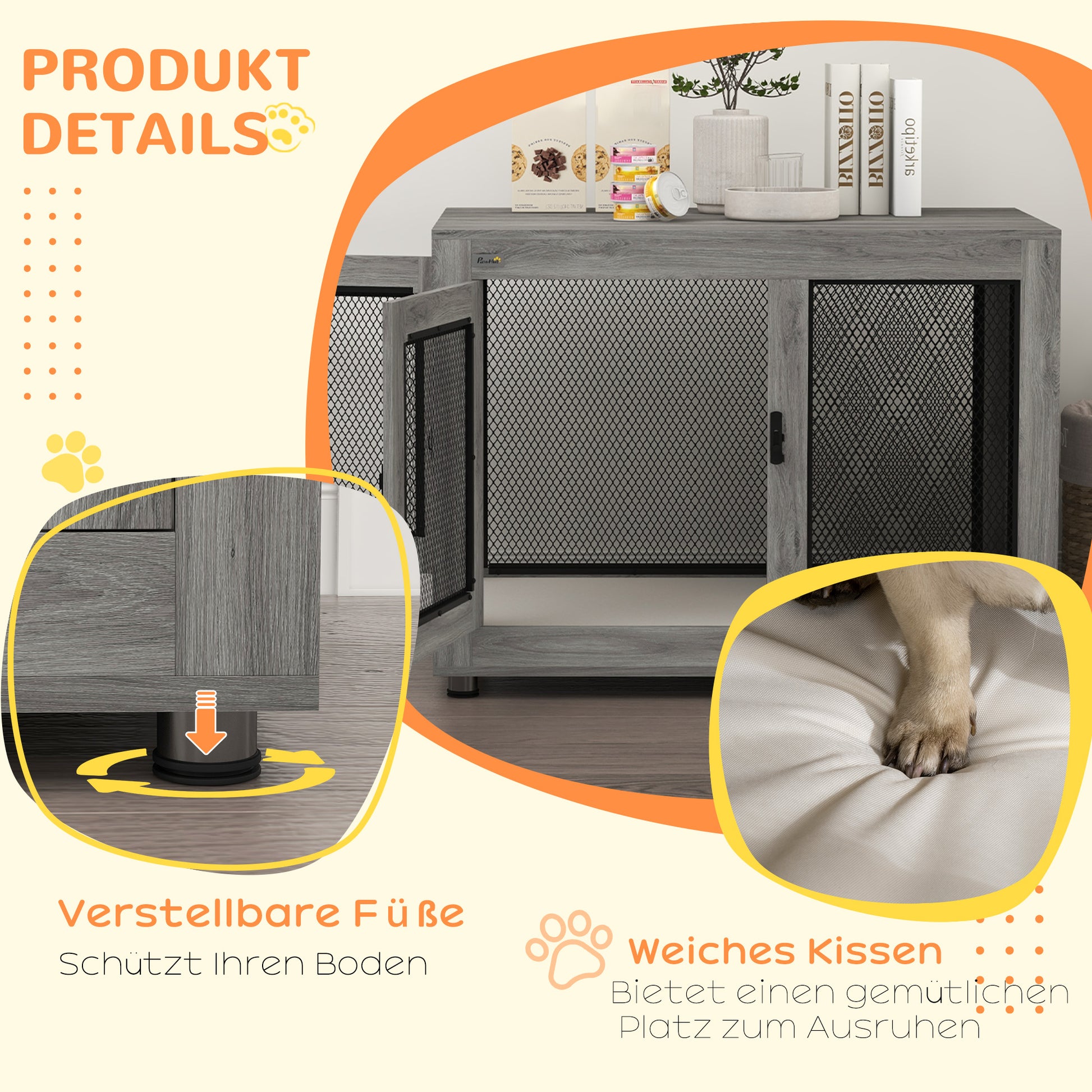 Home Dog Cage, Dog Crate with 2 Doors, Washable Cushion, Dog House with Adjustable Feet, Latches, for Large Dogs up to 30 kg, Gray, 94 x 60 x 71.5 cm
