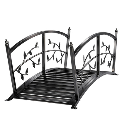 Metal Garden Bridge, 47 in (120 cm) Decorative Pond Bridge with Safety Handrails, Vine & Leaf Design, 220 lb Capacity, Powder-Coated Black — Easy Assembly