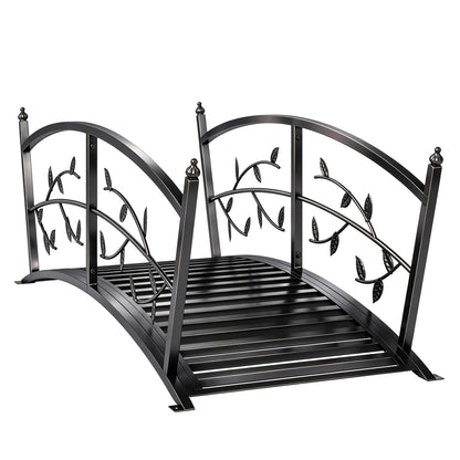 Metal Garden Bridge, 47 in (120 cm) Decorative Pond Bridge with Safety Handrails, Vine & Leaf Design, 220 lb Capacity, Powder-Coated Black — Easy Assembly