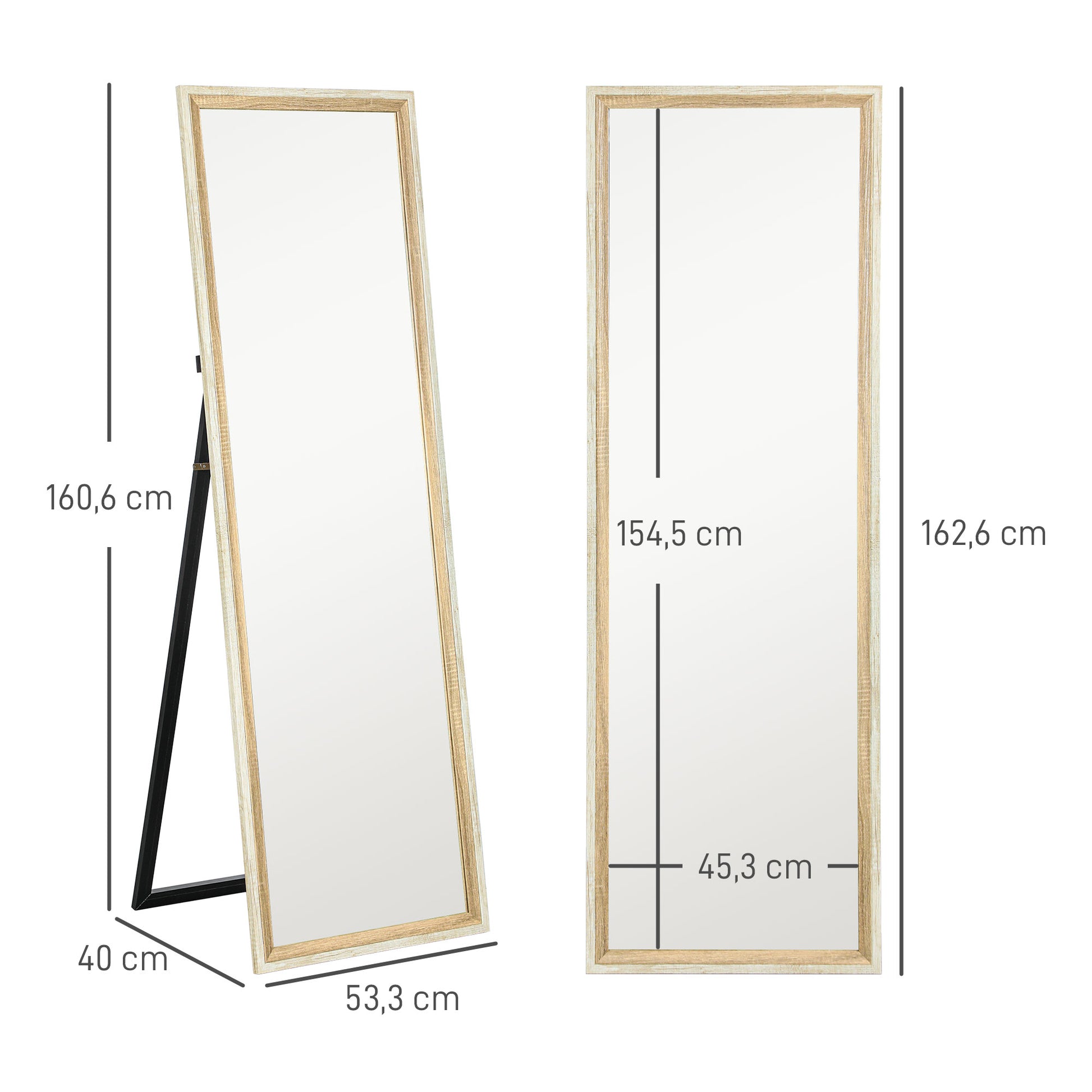 Full Body Mirror, 162.6 x 53.5 cm Floor Mirror with Stand, Wall Mirror for Living Room, Bedroom, Dressing Room White+Natural Wood