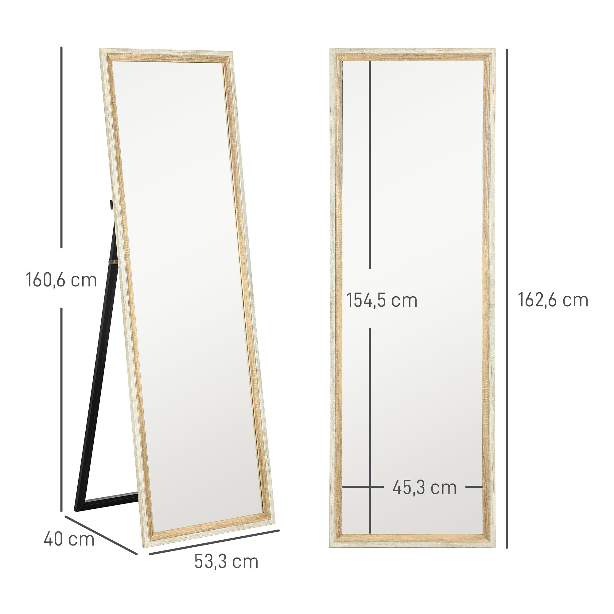 Full Body Mirror, 162.6 x 53.5 cm Floor Mirror with Stand, Wall Mirror for Living Room, Bedroom, Dressing Room White+Natural Wood