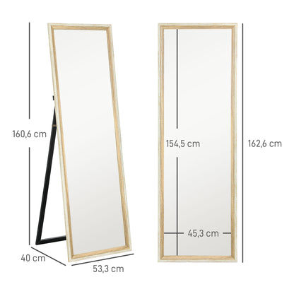 Full Body Mirror, 162.6 x 53.5 cm Floor Mirror with Stand, Wall Mirror for Living Room, Bedroom, Dressing Room White+Natural Wood