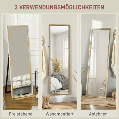 Full Body Mirror, 162.6 x 53.5 cm Floor Mirror with Stand, Wall Mirror for Living Room, Bedroom, Dressing Room White+Natural Wood
