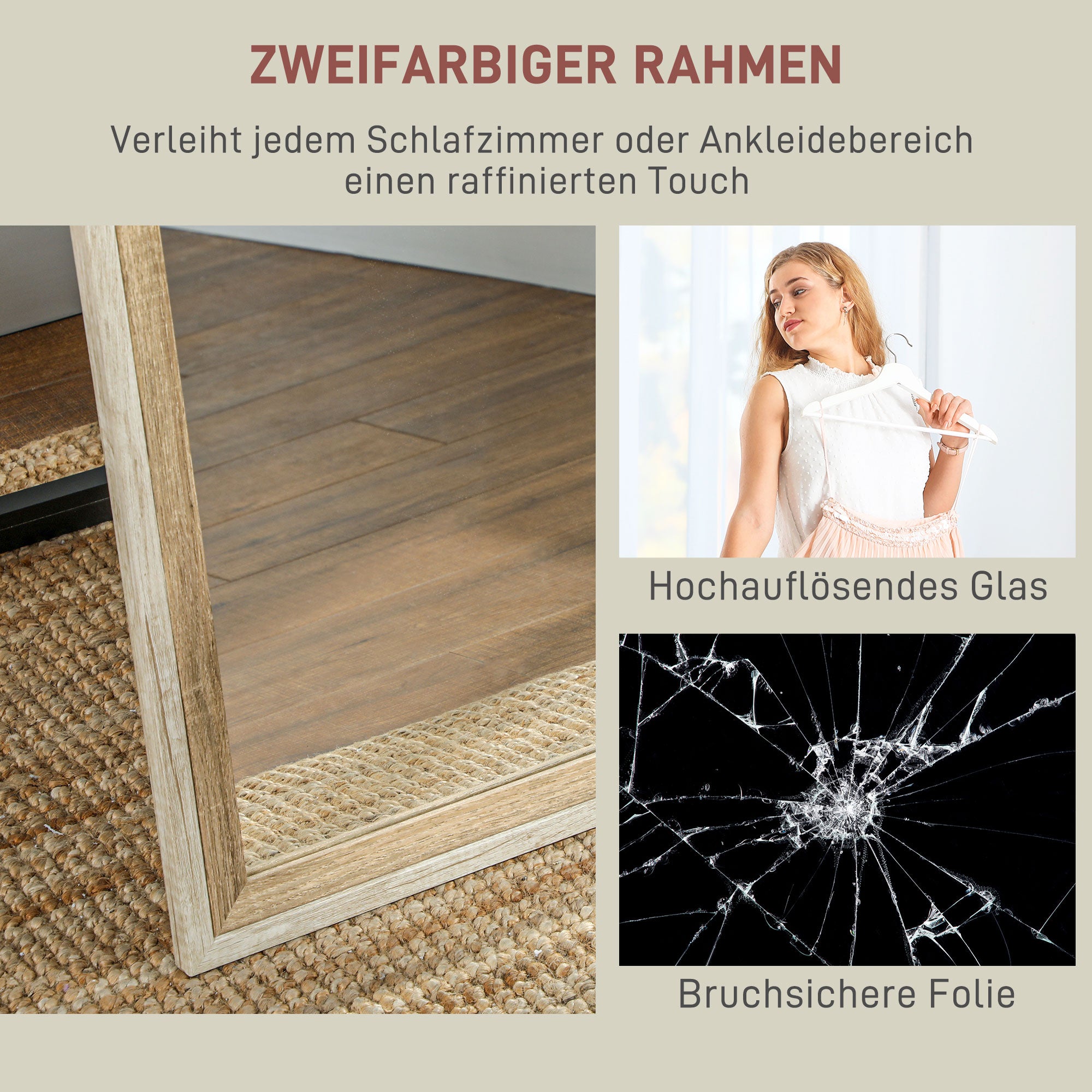 Full Body Mirror, 162.6 x 53.5 cm Floor Mirror with Stand, Wall Mirror for Living Room, Bedroom, Dressing Room White+Natural Wood