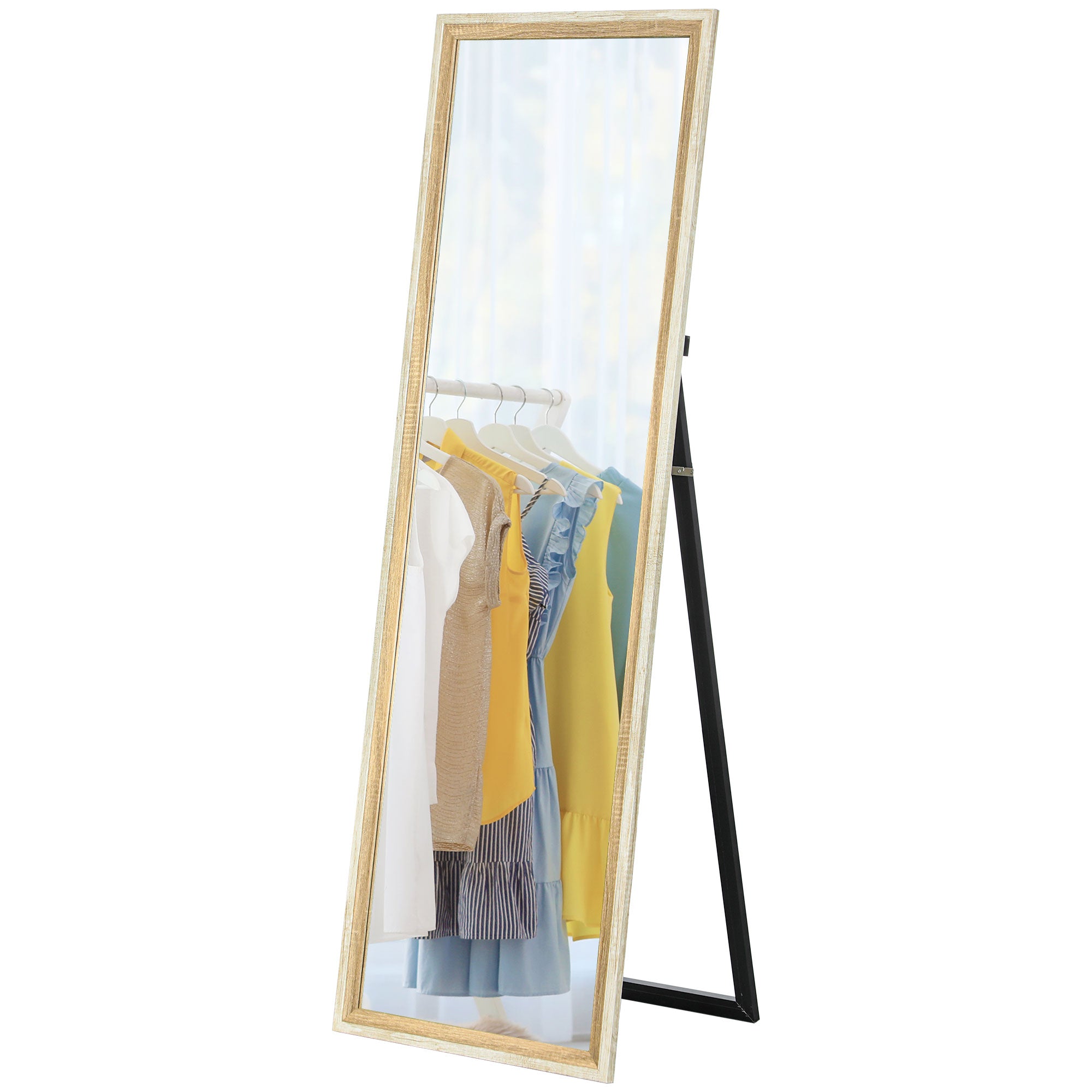 Full Body Mirror, 162.6 x 53.5 cm Floor Mirror with Stand, Wall Mirror for Living Room, Bedroom, Dressing Room White+Natural Wood