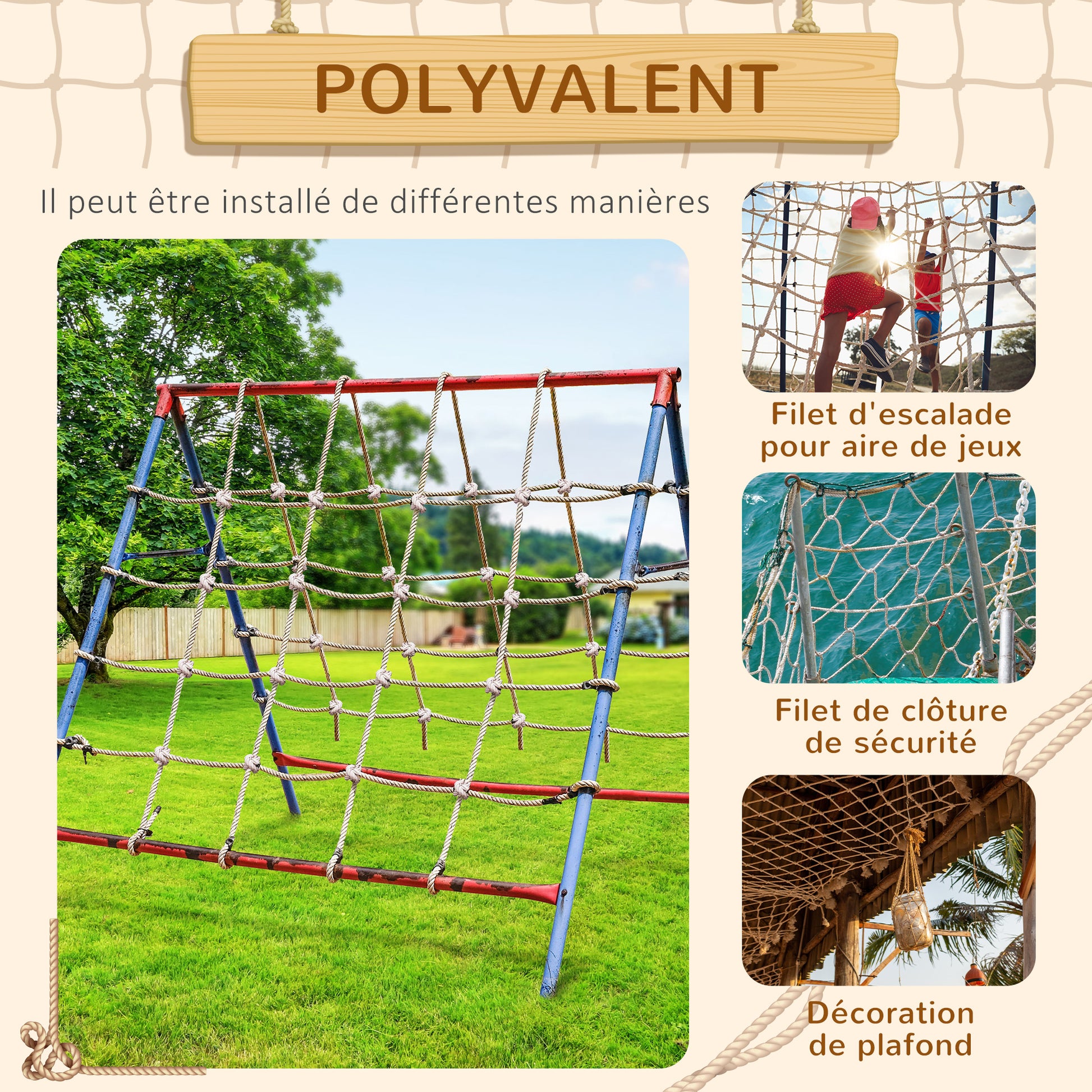 Children's Climbing Net for 3-6 year olds Outdoor Decorative PE Rope Net Protective Net for Ninja Playground Obstacle Course Dim. 1.5 x 2 m Brown
