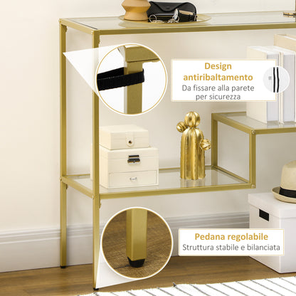 3-Shelf Entry Console Table in Steel and Tempered Glass, 100x32x76 cm, Gold