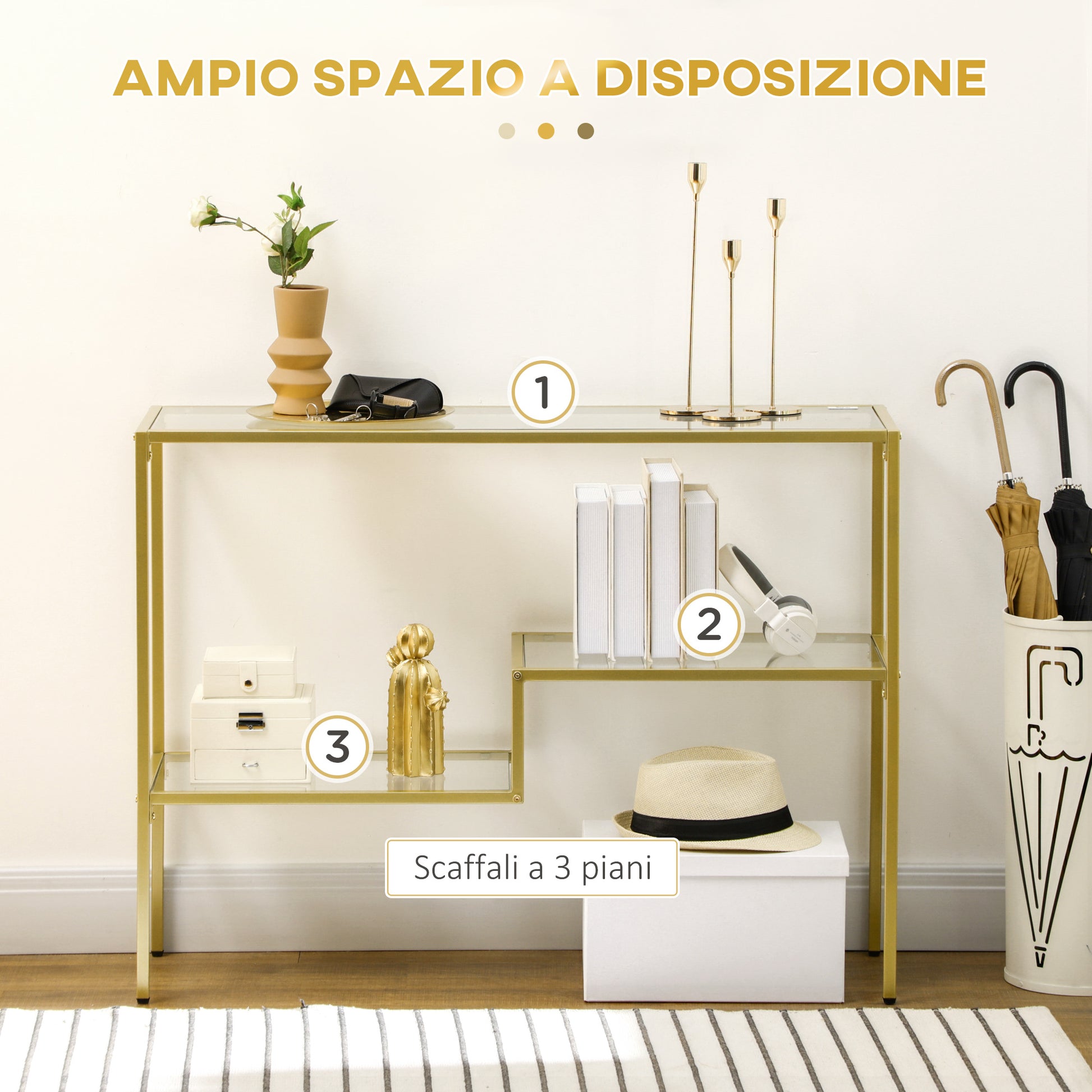 3-Shelf Entry Console Table in Steel and Tempered Glass, 100x32x76 cm, Gold