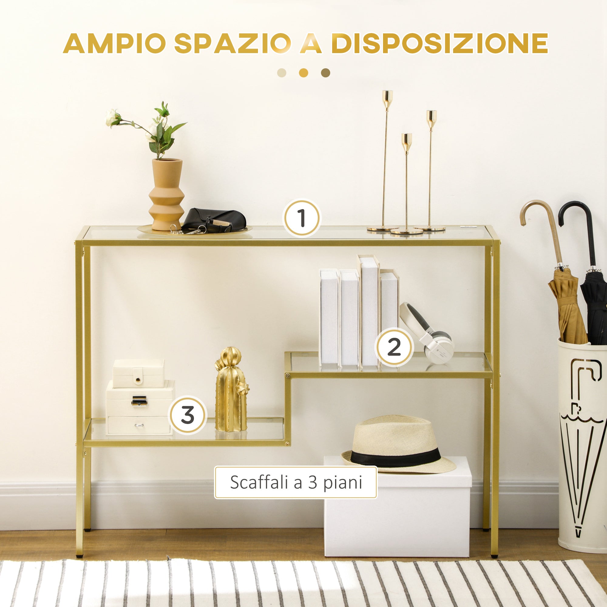 3-Shelf Entry Console Table in Steel and Tempered Glass, 100x32x76 cm, Gold