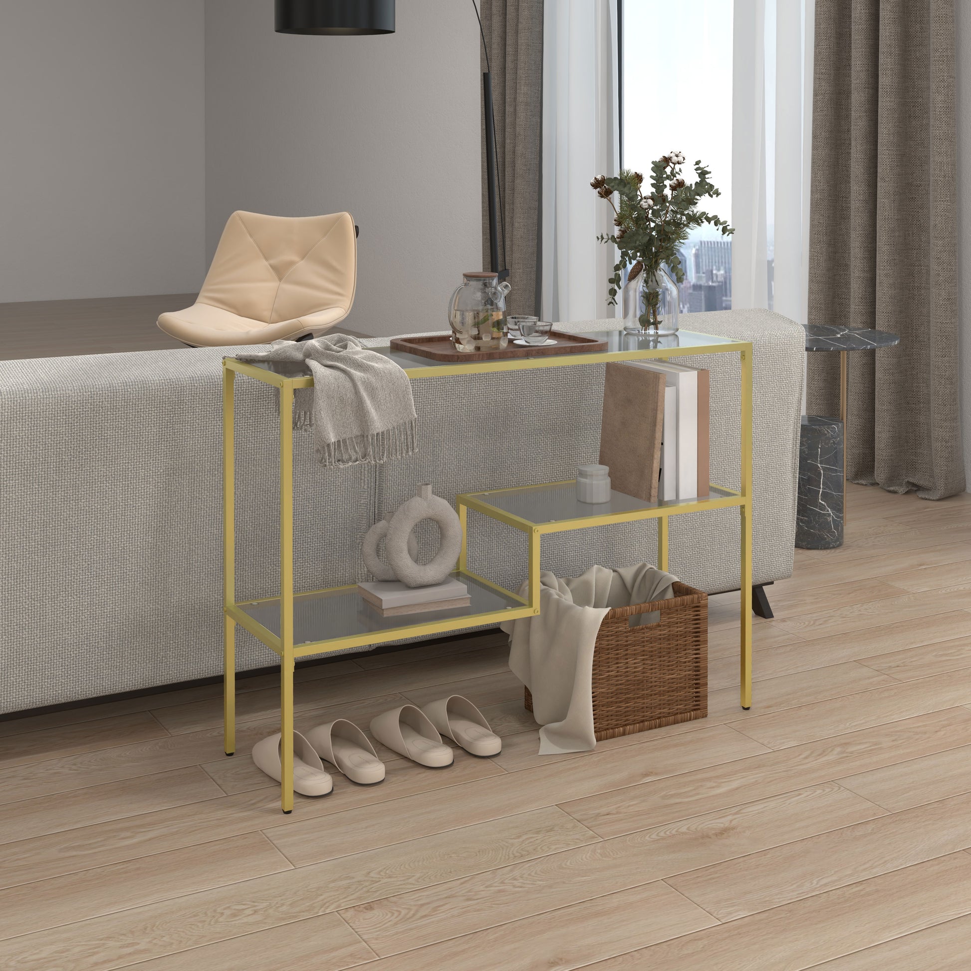 3-Shelf Entry Console Table in Steel and Tempered Glass, 100x32x76 cm, Gold