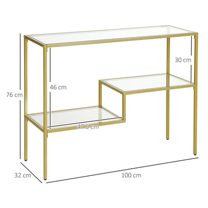 3-Shelf Entry Console Table in Steel and Tempered Glass, 100x32x76 cm, Gold