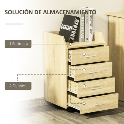 Office Drawer Unit File Cabinet with 4 Drawers Top Storage Shelf 4 Wheels and 2 Brakes for Study Office 40x36x65 cm Natural Wood